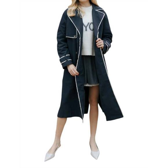 Navy Blue Women's Lace Trim Trench Coat Style Jacket